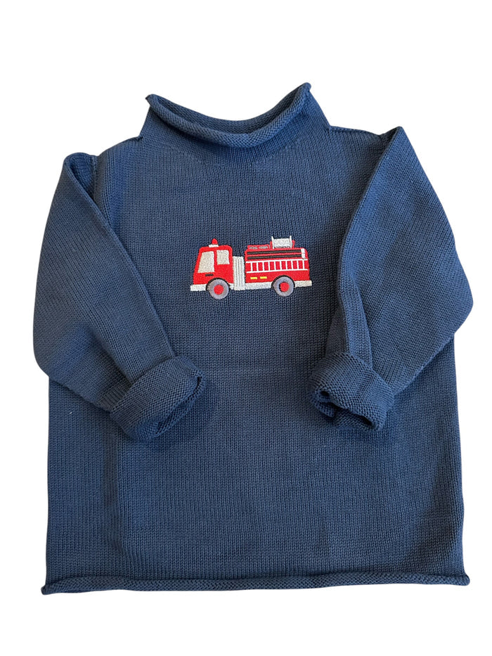 A Soft Idea Roll Neck Sweater in Navy with Fire Truck