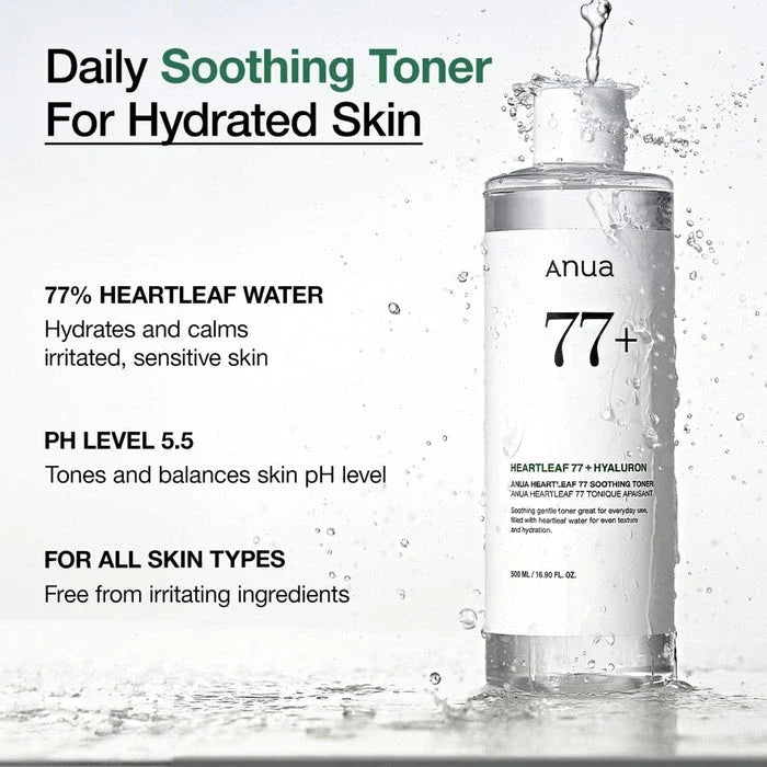 Anua 77% Heartleaf Water toner bottle with product details on a white background