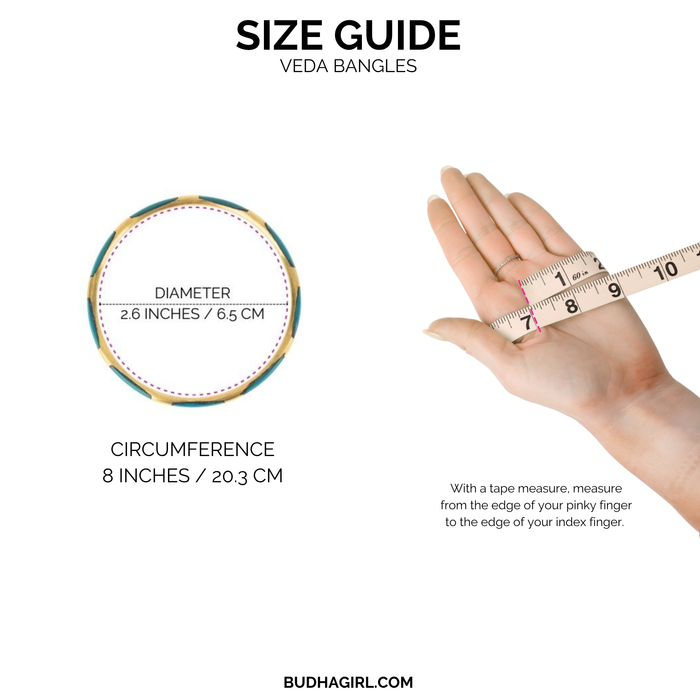Black Veda Bangles - Set of 6 size guide showing diameter and circumference measurements.