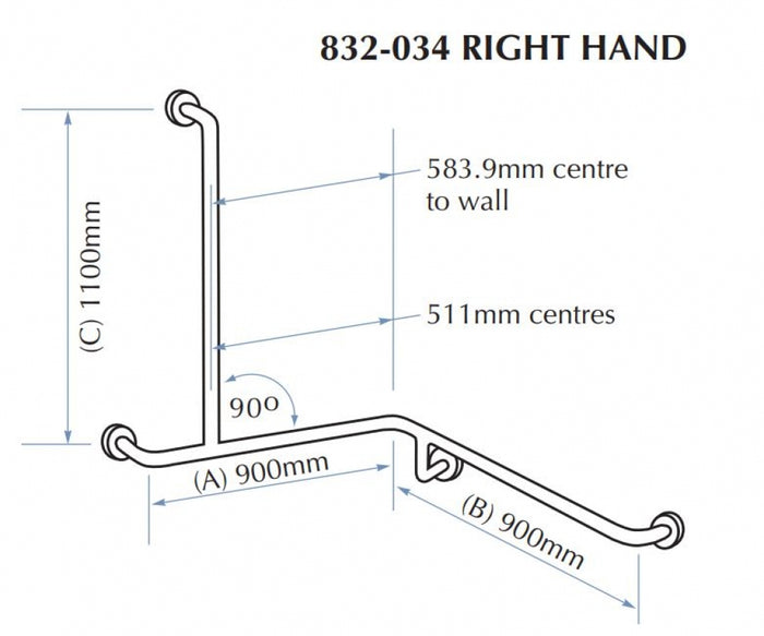 Bradley 832-034 Shower Corner Grab Rail Right Hand