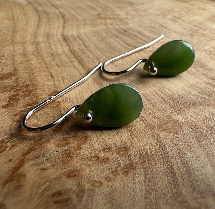 Canadian Jade Earrings with teardrop green jade drops suspended from silver hooks