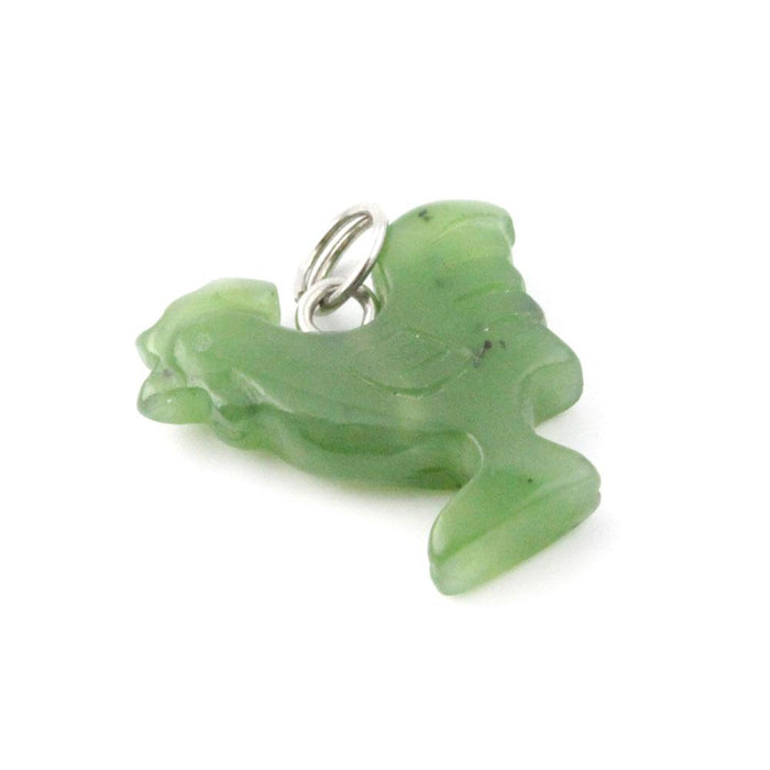 Green jade rooster charm lying flat with loop for necklace attachment