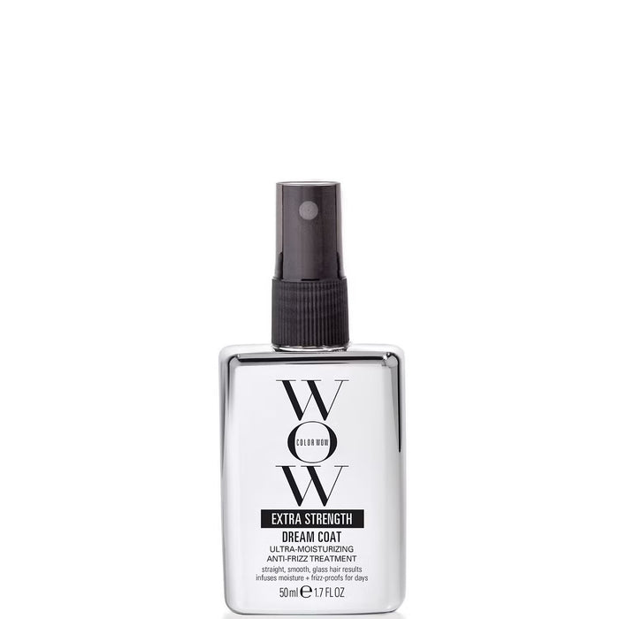 Color Wow Extra Strength Dream Coat anti-frizz treatment in 50ml travel size, ultra moisturizing hair care product.