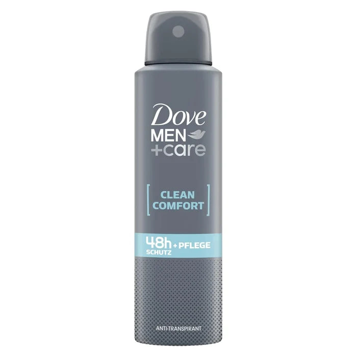 Dove Men+Care deodorant spray bottle on a white background
