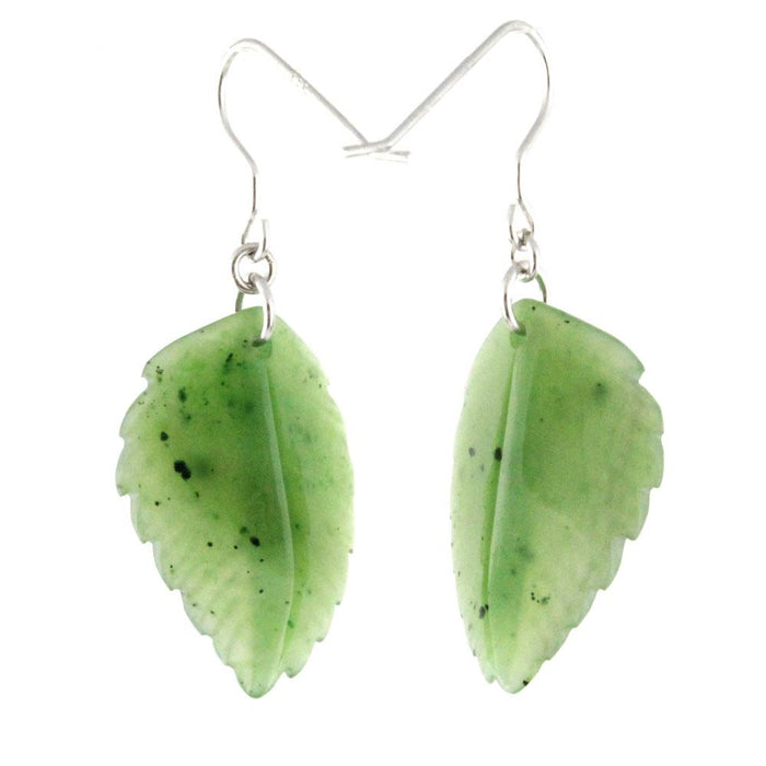 Green jade leaf earrings with silver ear wires