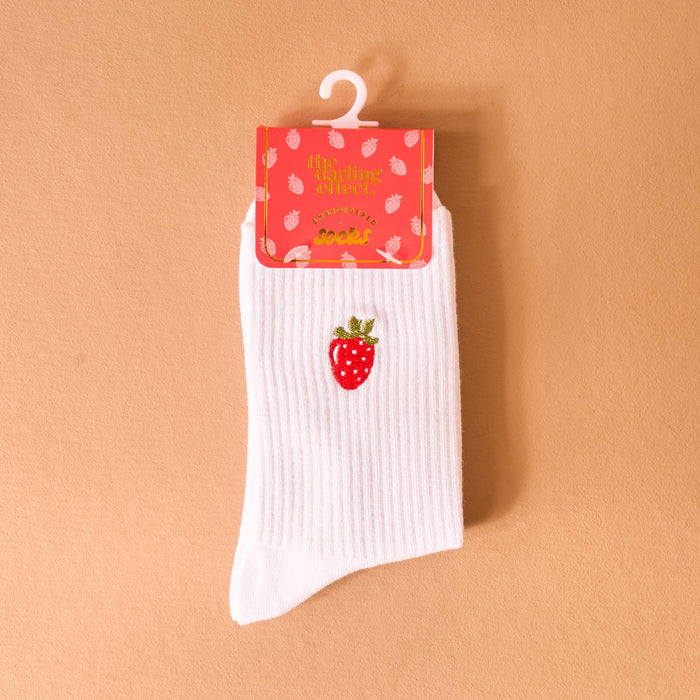 Embroidered Crew Socks-Strawberry