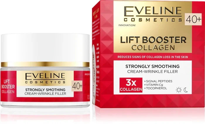 Eveline Cosmetics Lift Booster Collagen cream jar and packaging on a white background