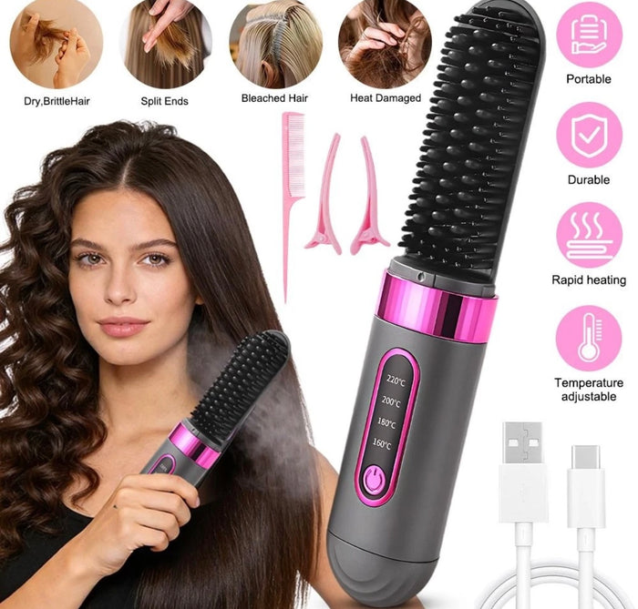 Hair Straightener Brush Portable Comb USB Rechargeable