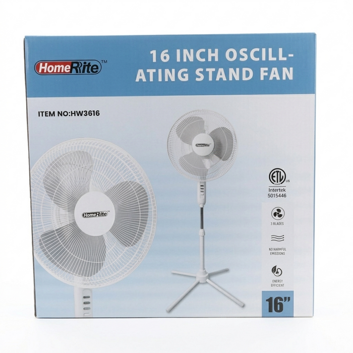 Box of HomeRite 16 inch oscillating stand fan on a white background
