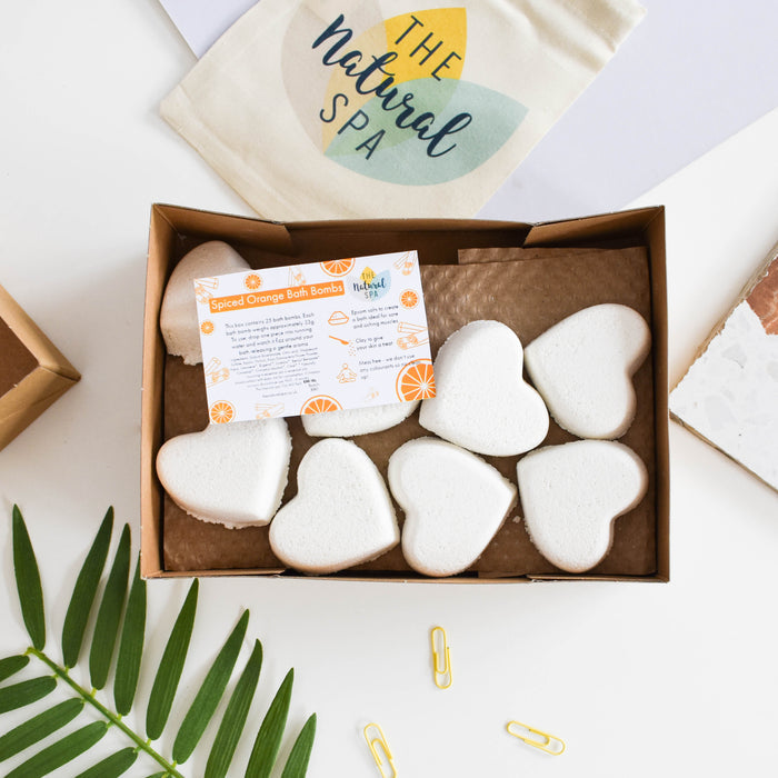 spiced orange bath bombs box of 25, plastic-free, vegan, aromatherapy, bath fizzers