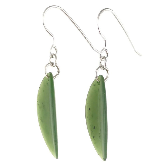Green leaf shaped jade earrings with silver hooks