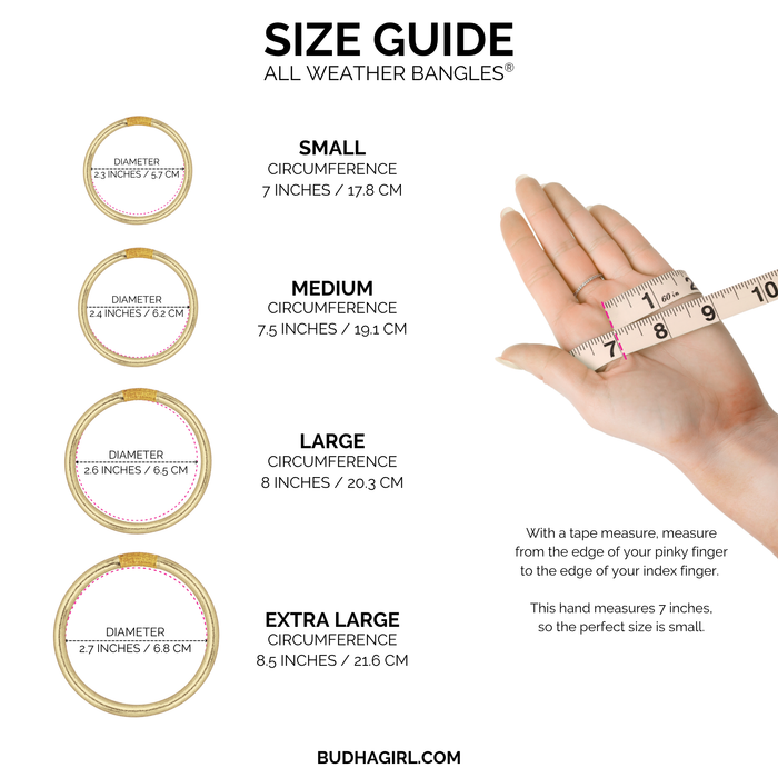 Size guide for Midnight All Weather Bangles® (Set of 3) - Serenity Prayer displaying measurements for each size option.