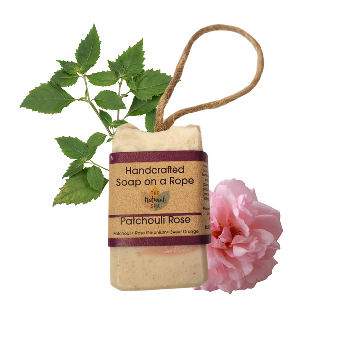 patchouli rose soap bar, vegan, plastic-free, cold pressed, soap on a rope