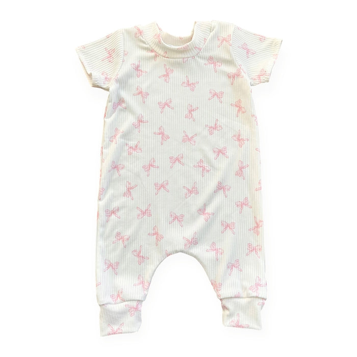 Pink Bows Ribbed Harem Romper