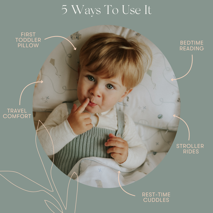 Diagram exploring 5 different ways to use the toddler pillow.