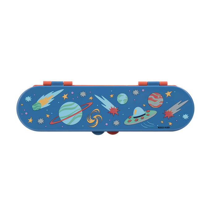 The Nuby Stainless Steel Toddler Utensil Set | Outer Space comes in a blue rectangular travel case with colorful space-themed illustrations—perfect for carrying utensils and encouraging self-feeding on the go.