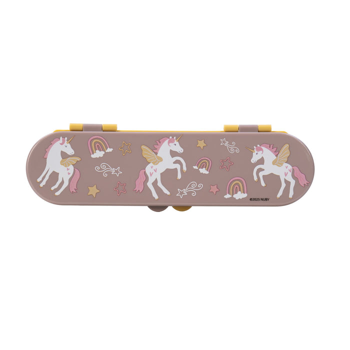 The Nuby Stainless Steel Toddler Utensil Set | Unicorn comes in a rectangular, light brown travel case with white unicorns, pink manes/tails, yellow wings, rainbows, stars & hearts. Features yellow and pink clasps—ideal for carrying toddler utensils.