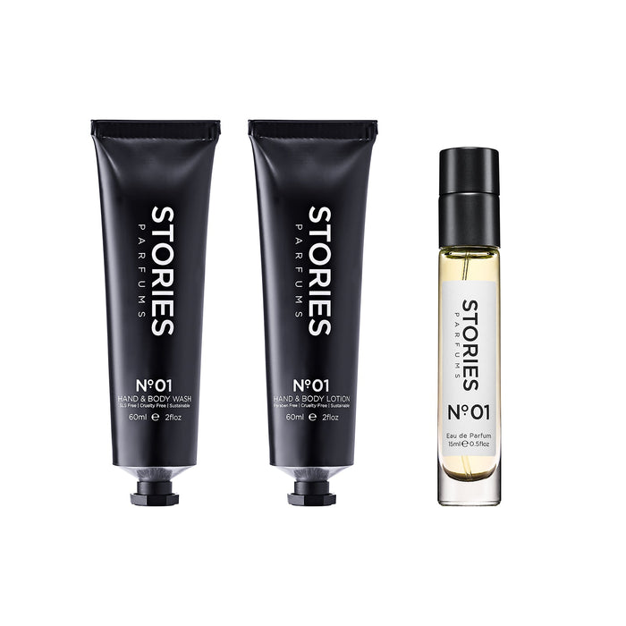 STORIES Nº.01 Travel Trio: 15ml Eau de Parfum with 60ml Wash and Lotion