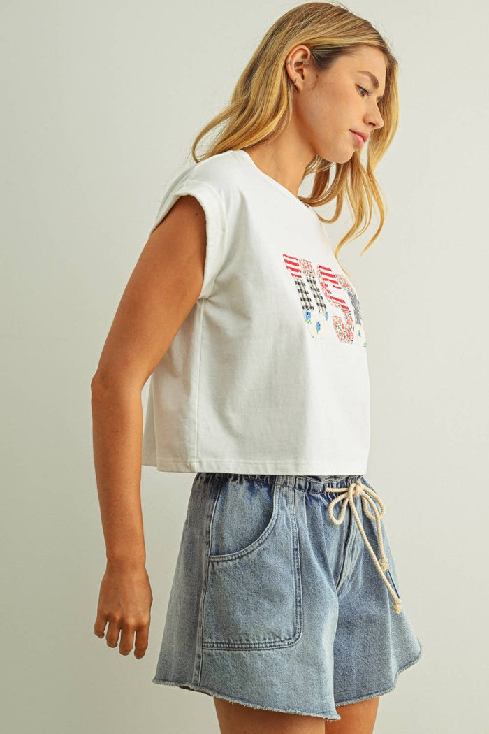 T6803 USA FLORAL PATCHWORK FRONT T SHIRTS