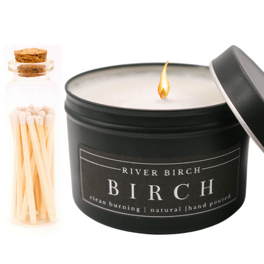 8oz Birch Black Tin + Peppermint Matches