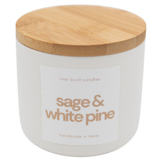 8oz Sage + White Pine - White Ceramic with Wooden Lid Soy Candle