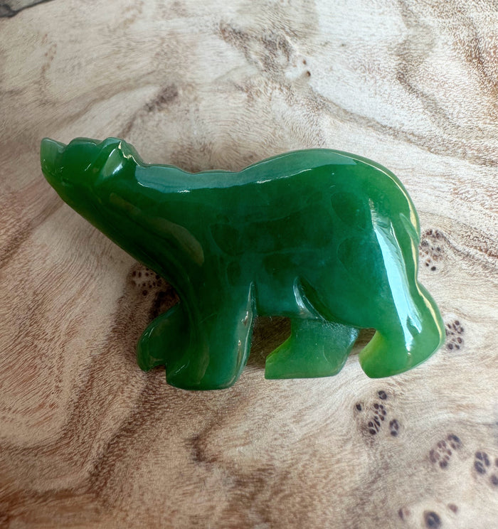 A+ Siberian Jade Bear Brooch carved from vivid green jade with a glossy finish