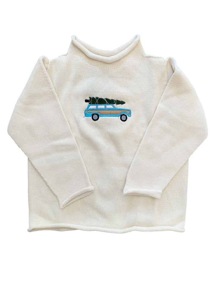 A Soft Idea Roll Neck Sweater in Cream with Woody Wagoneer + Tree