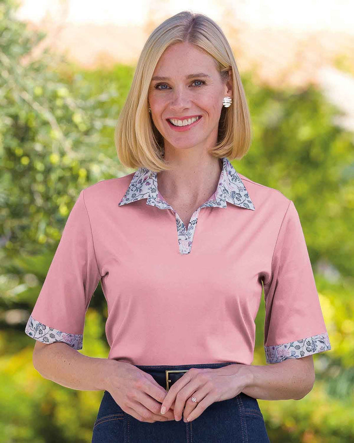 Angelica Cotton Trimmed Short Sleeve Polo Top - Country Collection