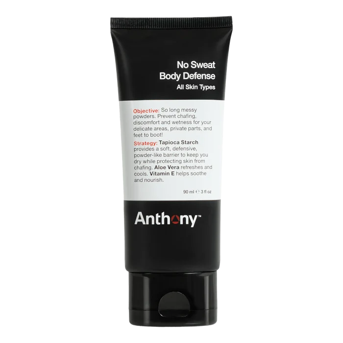 Anthony No Sweat Body Defense krem i svart tube med talkumfri formel for tørr og komfortabel hud