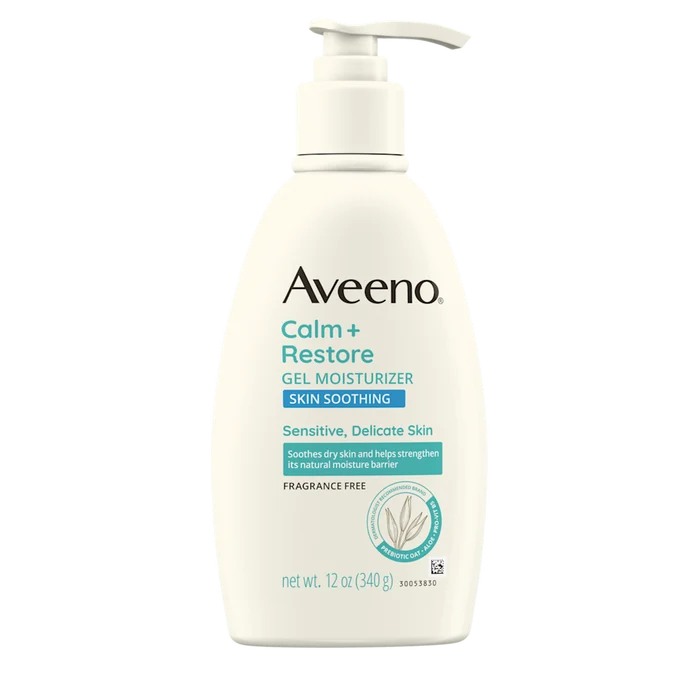 Aveeno Calm + Restore Gel Moisturizer bottle on a white background