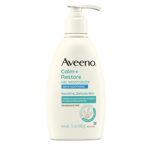Aveeno Calm + Restore Gel Moisturizer bottle on a white background