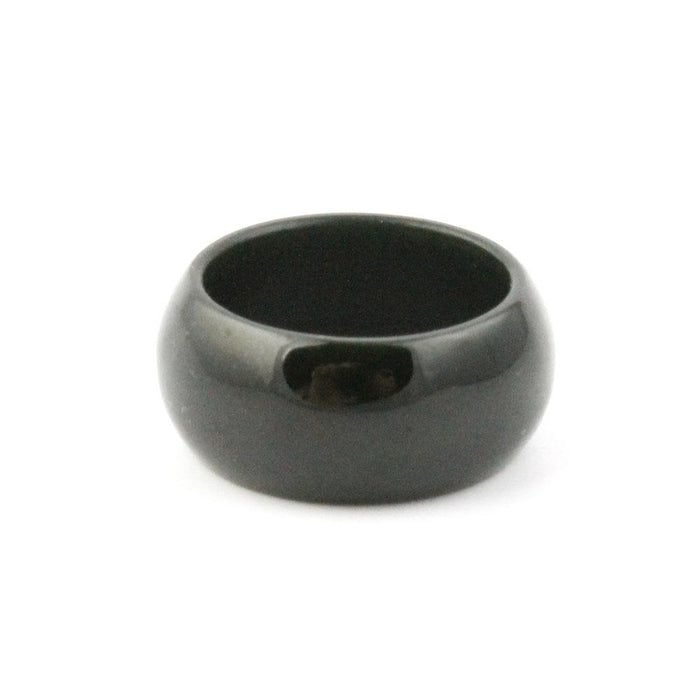 Wide glossy black jade ring with a smooth rounded band