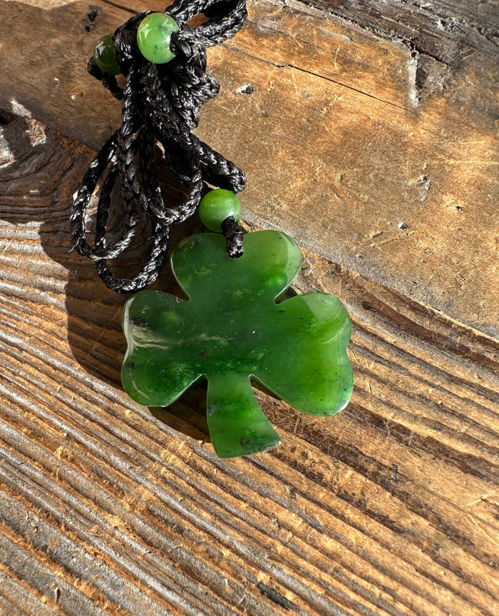 Canadian Jade 3 Leaf Clover Pendant on a black braided cord with green beads