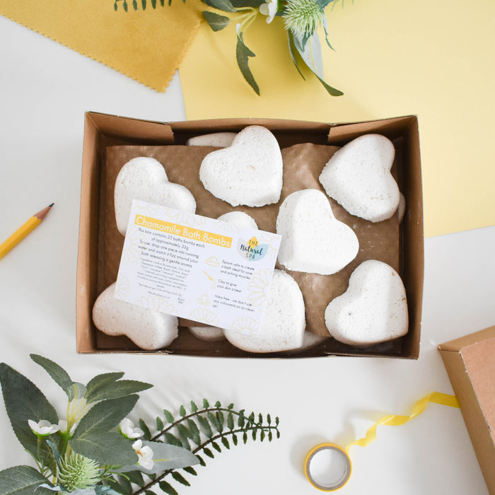 chamomile bath bombs box of 25, plastic-free, vegan, aromatherapy, bath fizzers