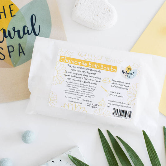 chamomile bath bombs set of 3, plastic-free, vegan, aromatherapy, bath fizzers