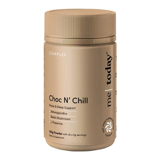 Beige supplement container labeled 'Choc N' Chill' on a white background