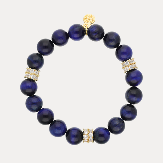 Cosmos Bracelet featuring deep midnight-blue beaded stones and pavé-encrusted spacer rings, handcrafted elegance.