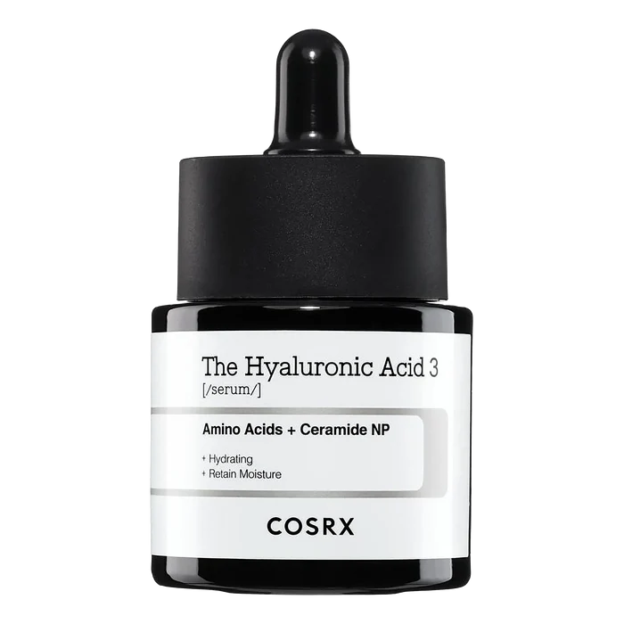 COSRX The Hyaluronic Acid 3 serum i svart glassflaske med hvit etikett
