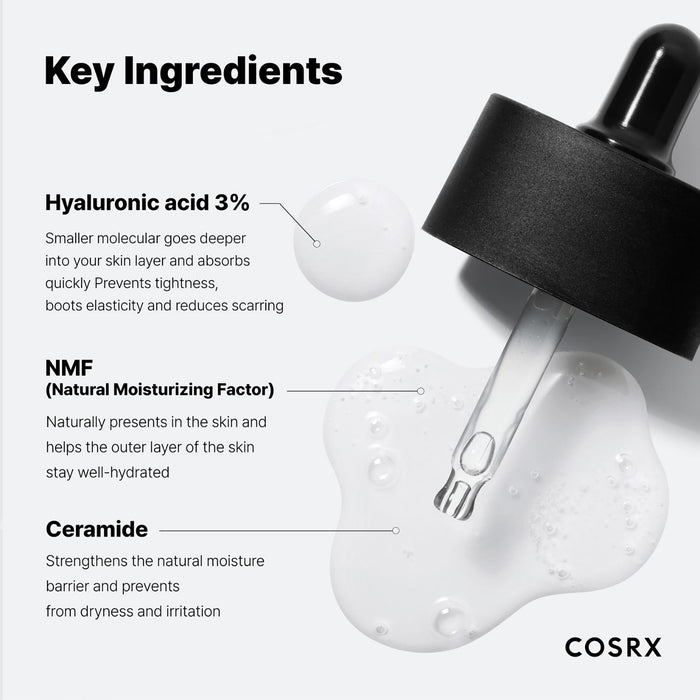 COSRX serum ingredienser hyaluronsyre ceramider og NMF på hvit bakgrunn
