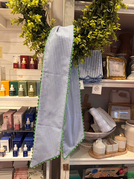 Customizable Wreath Sash- Blue Gingham/Green Scalloped Trim