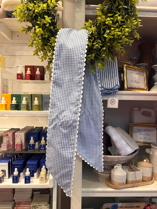 Customizable Wreath Sash- Blue Gingham/White Scalloped Trim