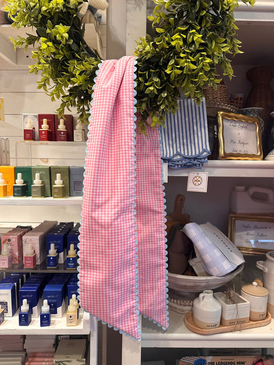 Customizable Wreath Sash- Pink Gingham/Blue Scalloped Trim
