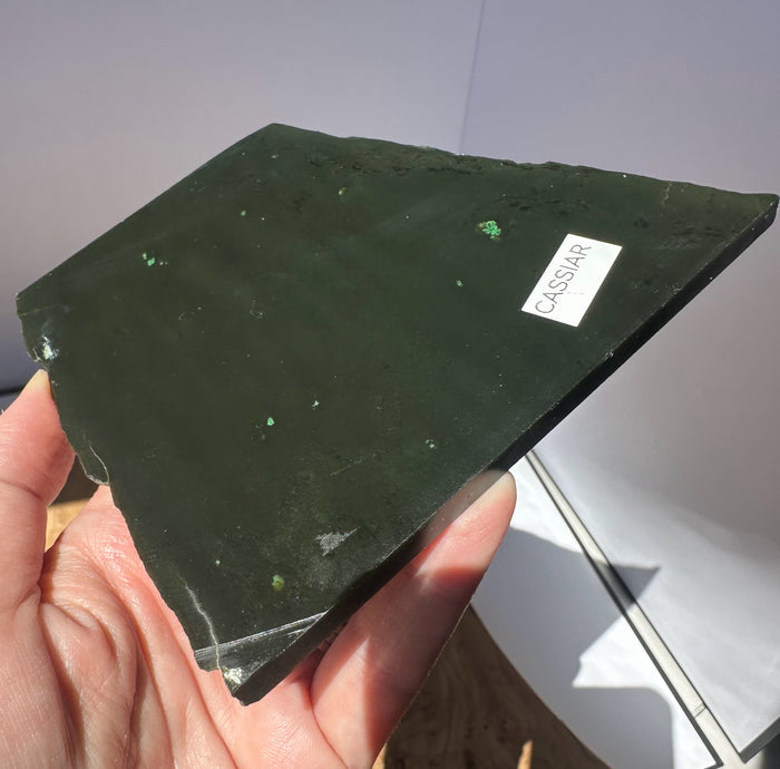 A hand holds a polished dark green stone slab with tiny green inclusions and a small white label reading 'CASSIAR'.