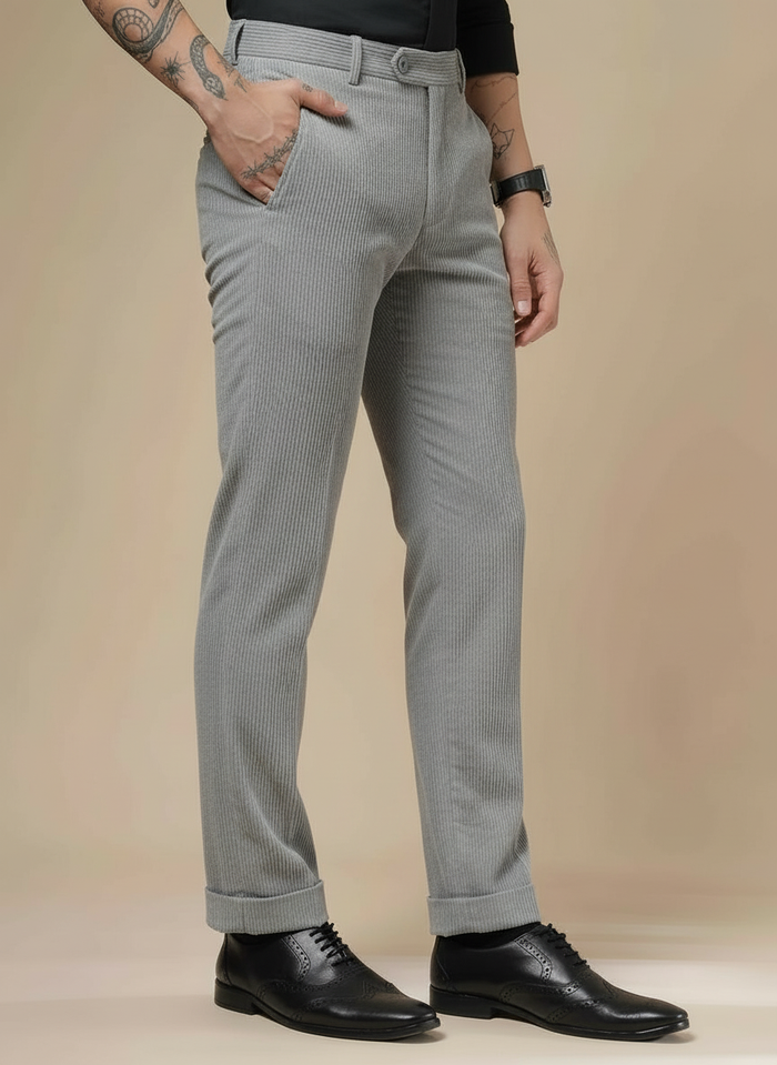Dark Grey Corduroy Men Pleated Formal Pants | Boot Cut Fit by ITALIAN VEGA®