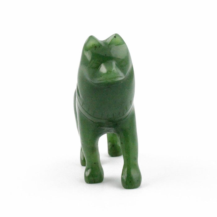 Front view of a green jade husky sculpture standing.