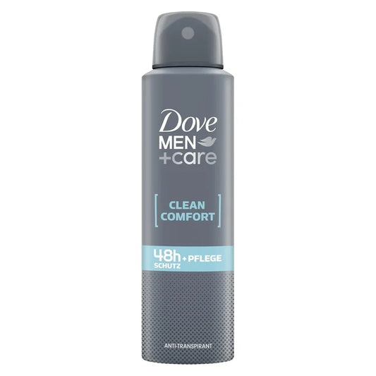 Dove Men+Care deodorant spray bottle on a white background