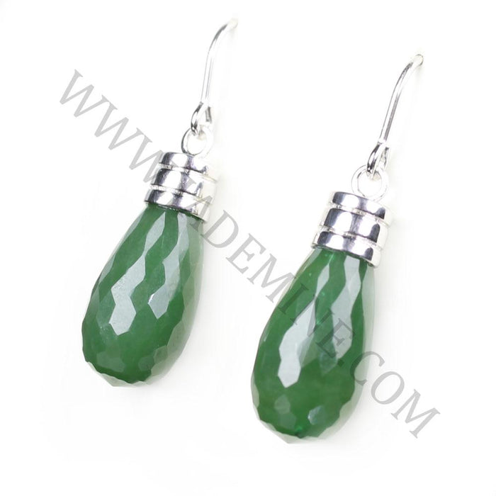 Green teardrop faceted gemstone earrings with silver caps and ear wires
