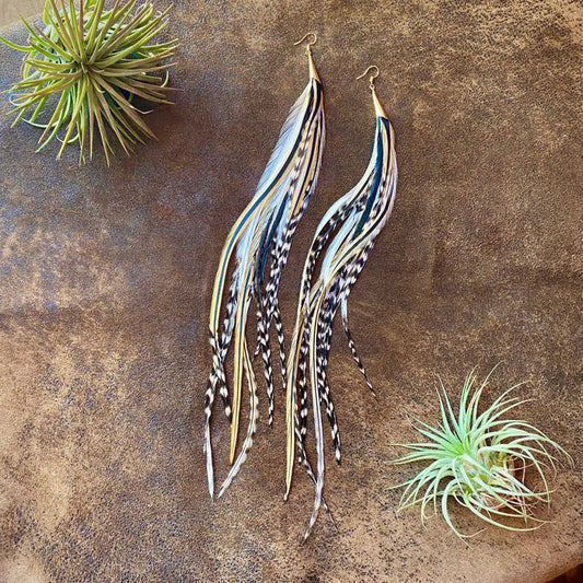 Earrings-FREEBIRDS COLLECTION: Cone Feather-Golden Black Grizzly