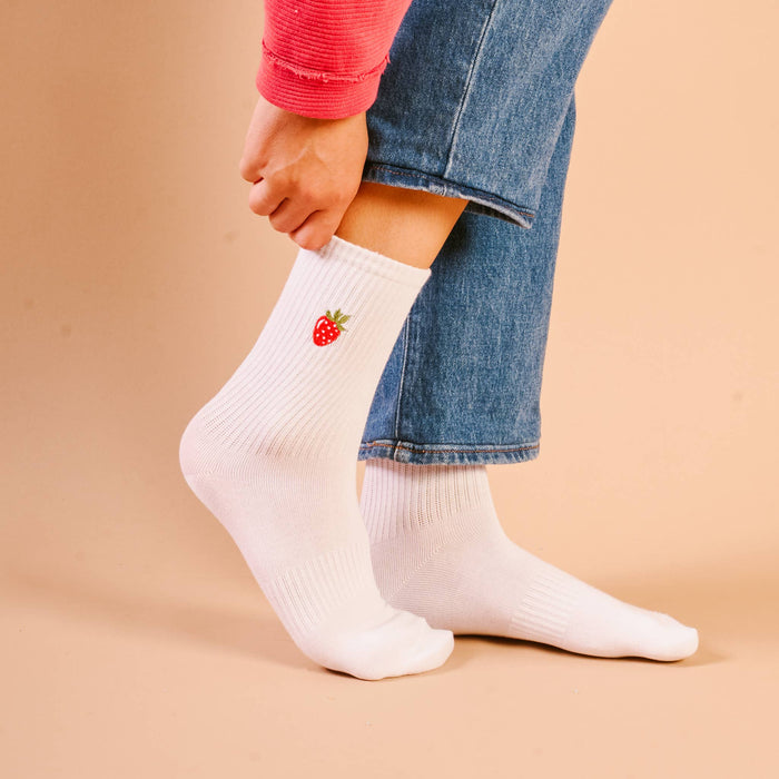 Embroidered Crew Socks-Strawberry