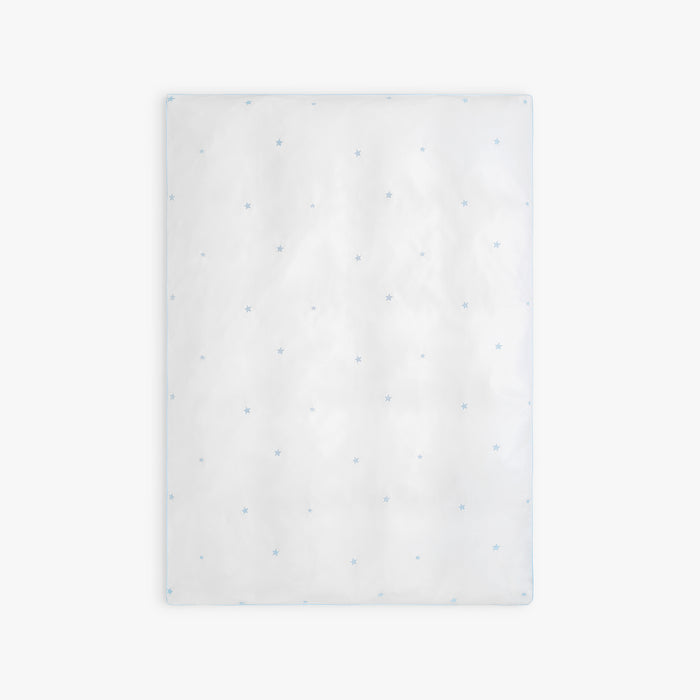 White toddler duvet with embroidered blue star pattern on a white background